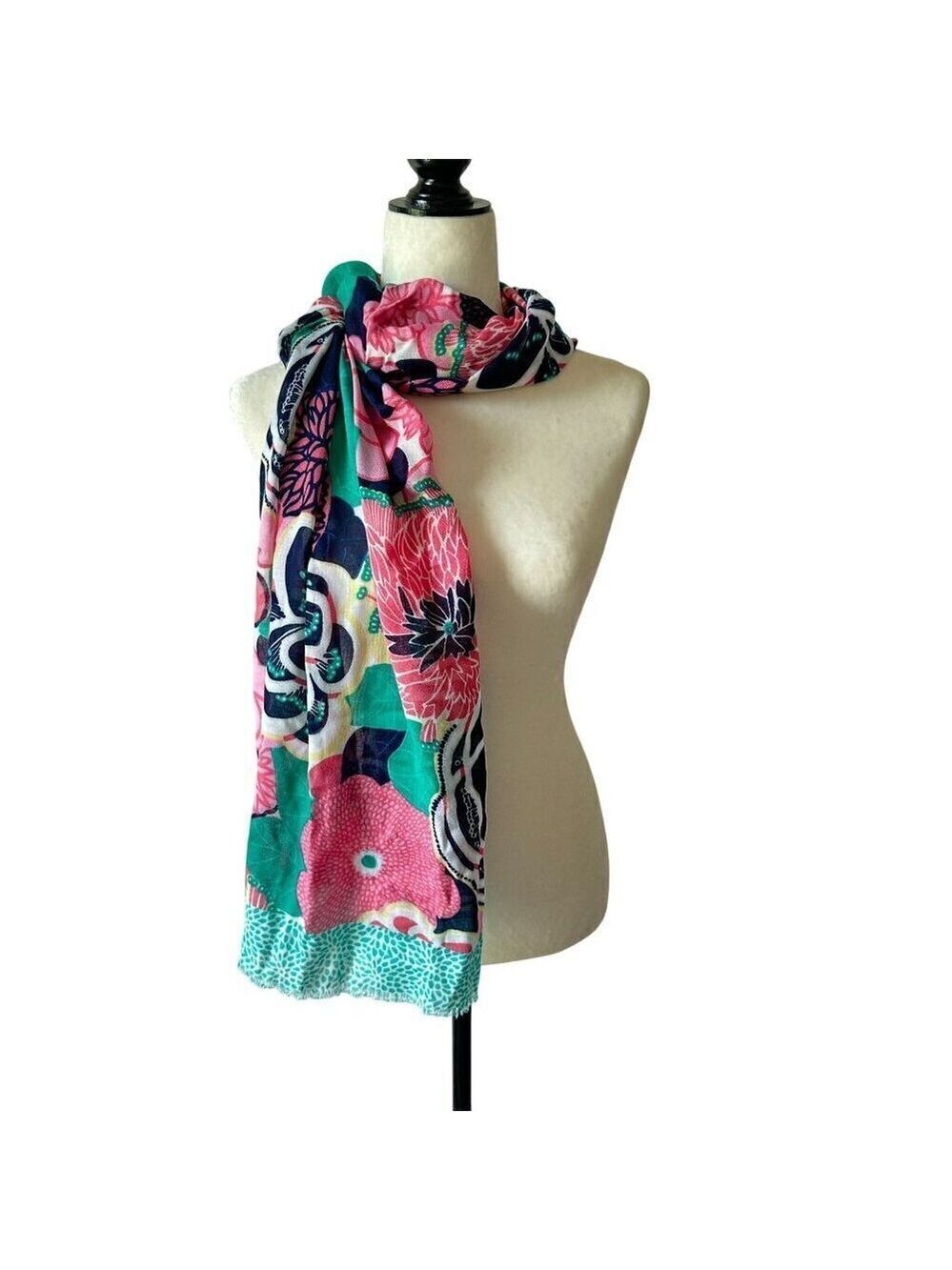 Floral Scarf Oblong Vibrant Flower Pink Navy Frayed Ends Fringe Long Wrap Hijab